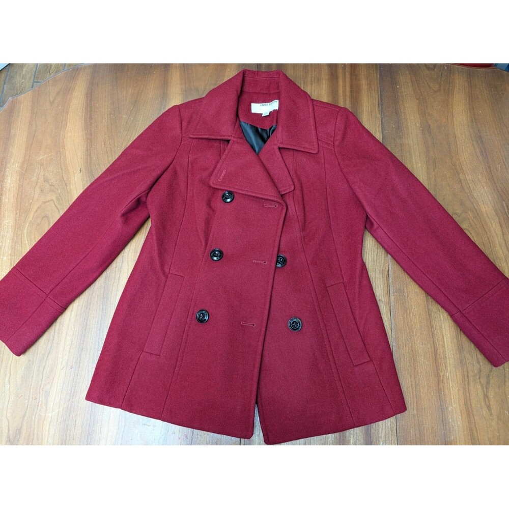 Ann Klein Women’s Double Breasted Peacoat Wool Blend Berry Red Medium M Flare